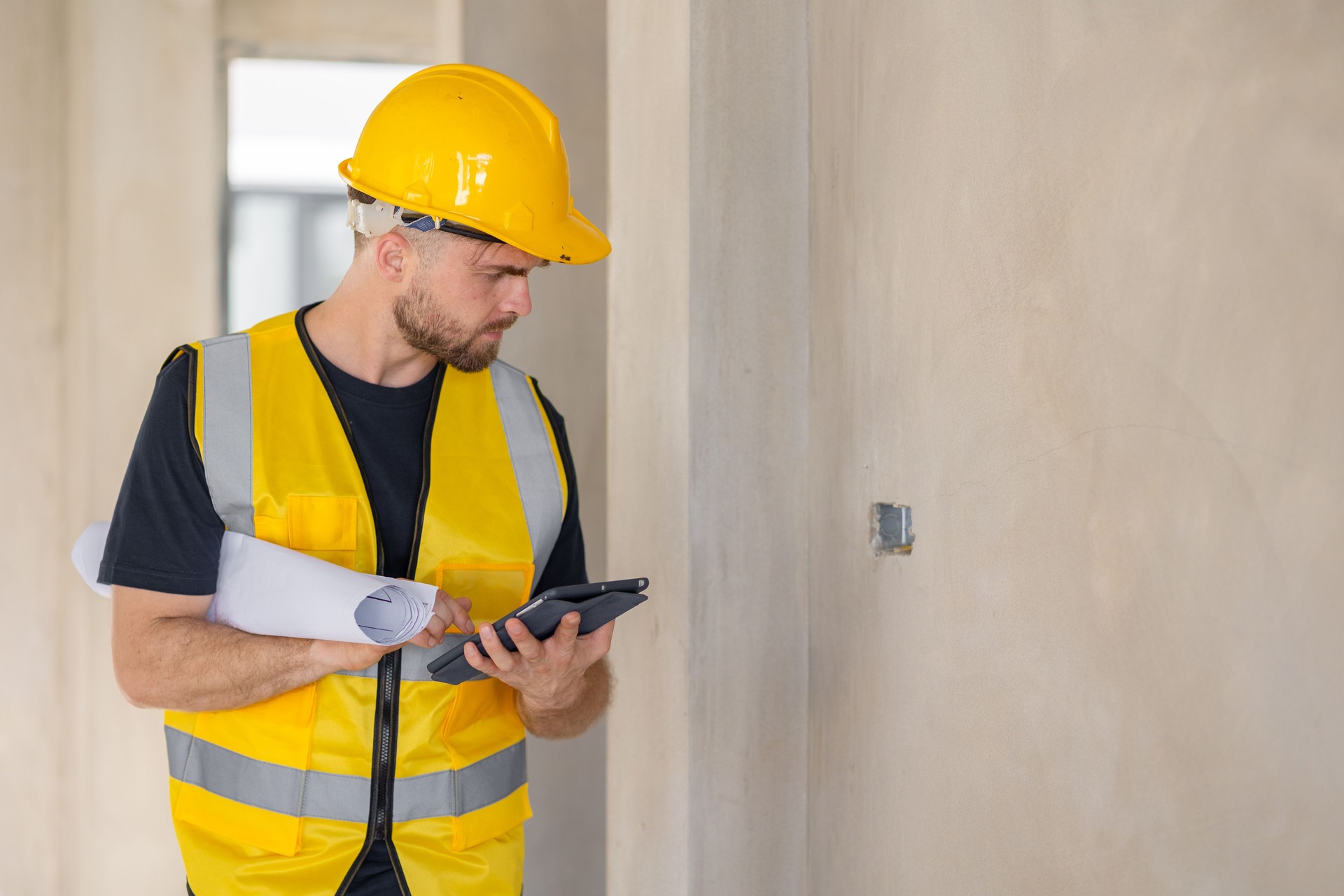 Engineer worker builder contractor work in construction site for building inspector QC job checking detail project progress